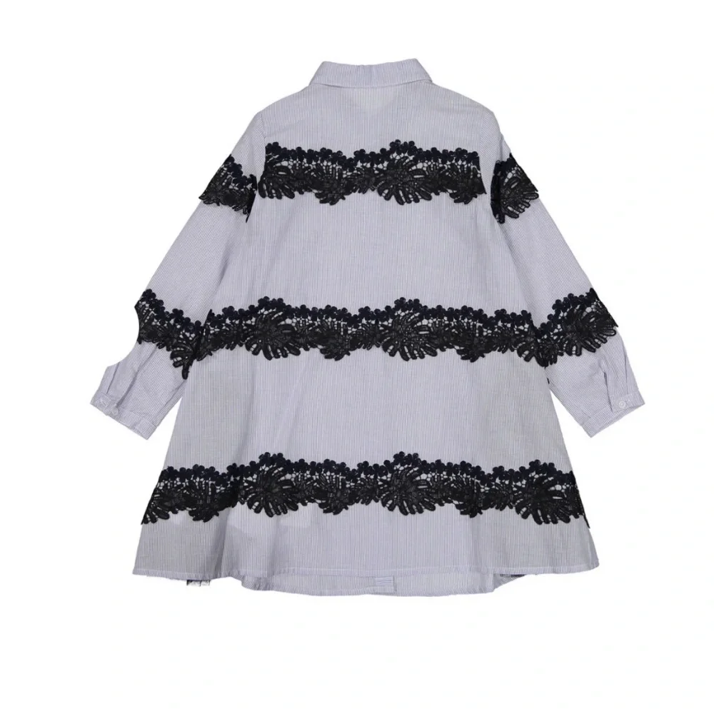 JNBY White blue Lace Striped Dress a line collar button